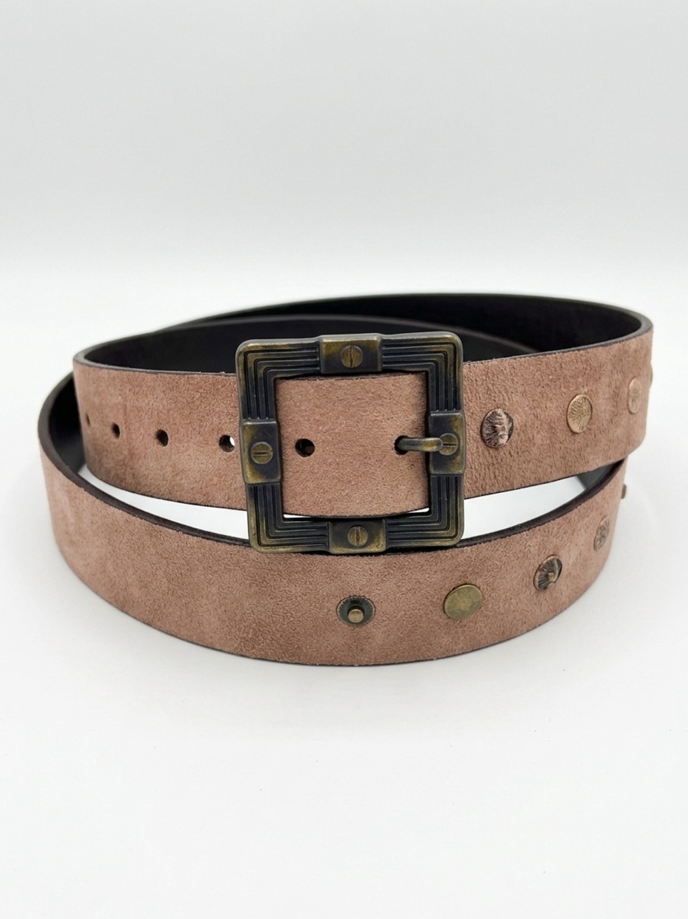 Genuine Leather Belt with Antique Brass Buckle and Decorative Buttons Size XL